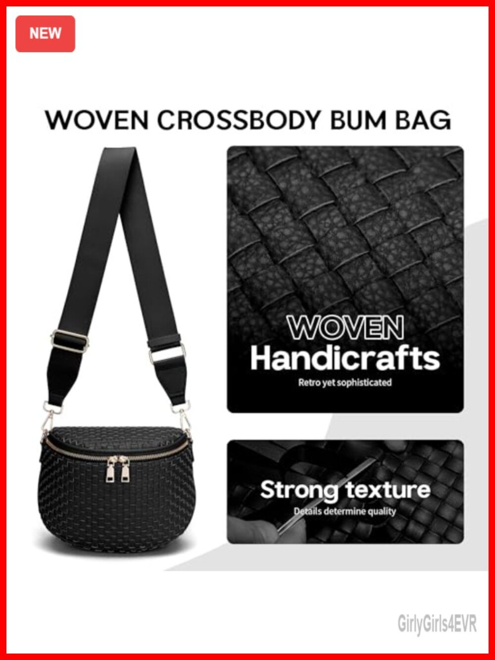 Woven Vegan Leather Checkered Crossbody Bag with Zipper - Picture 2 of 6